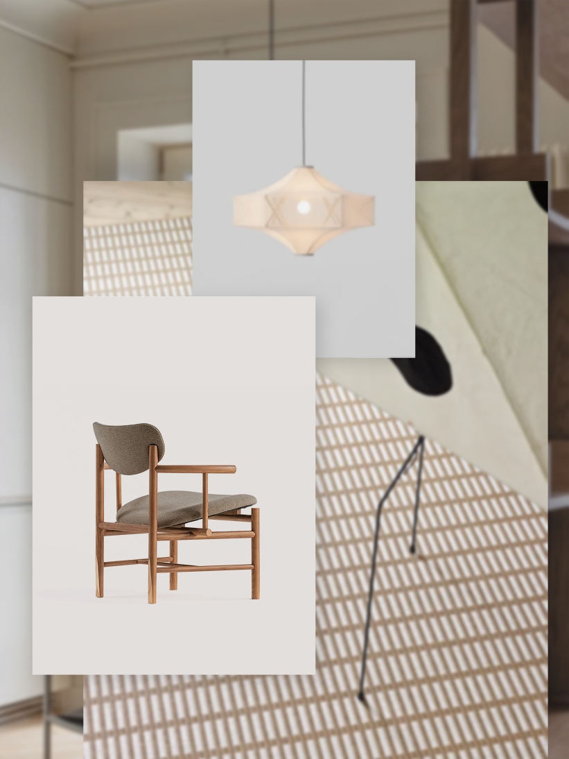 A moodboard of a pendant lamp, a woven textile, and an armchair.
