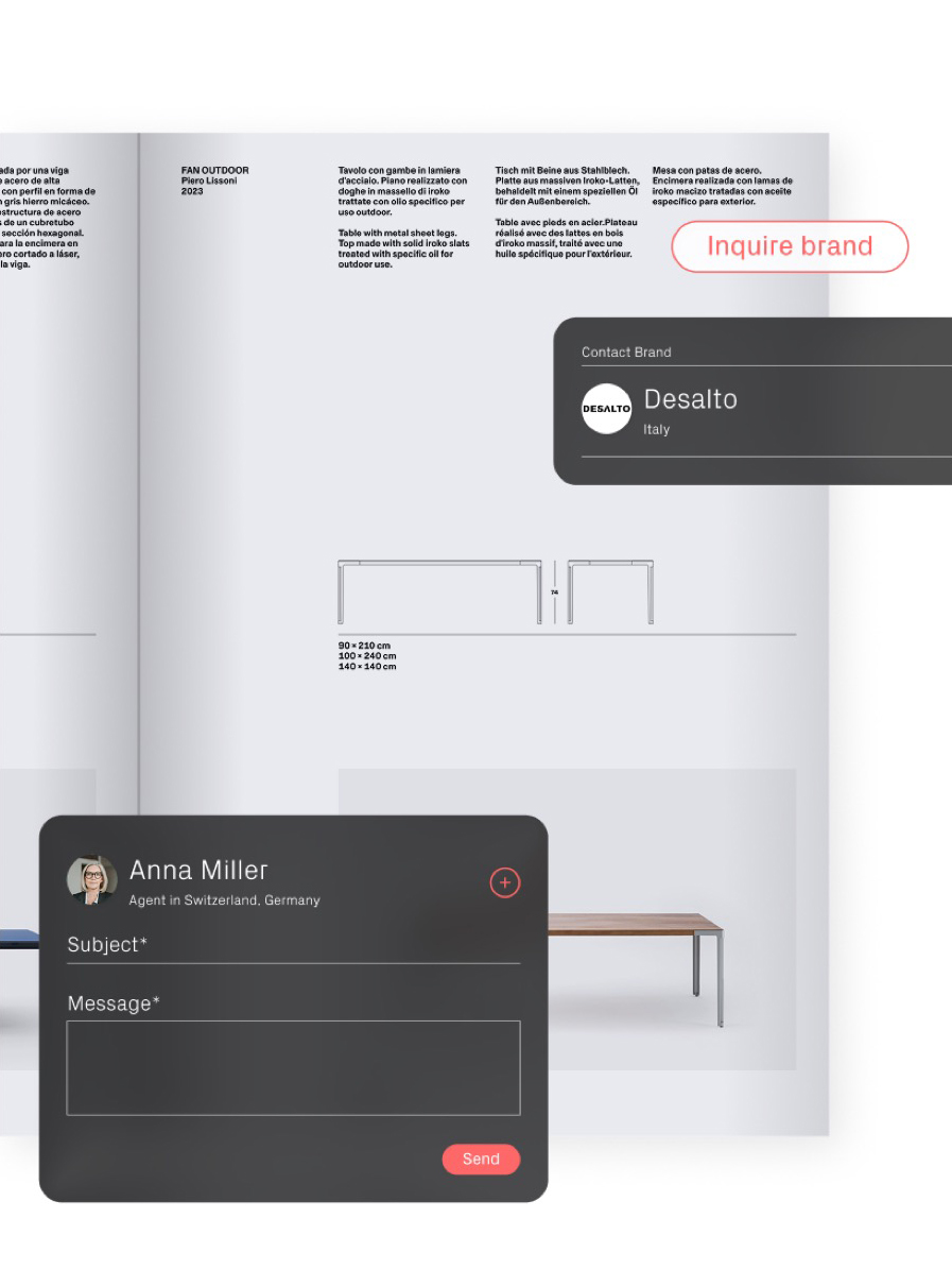 The Designcatalogs contact-brand card, inquiring about a Desalto product page.